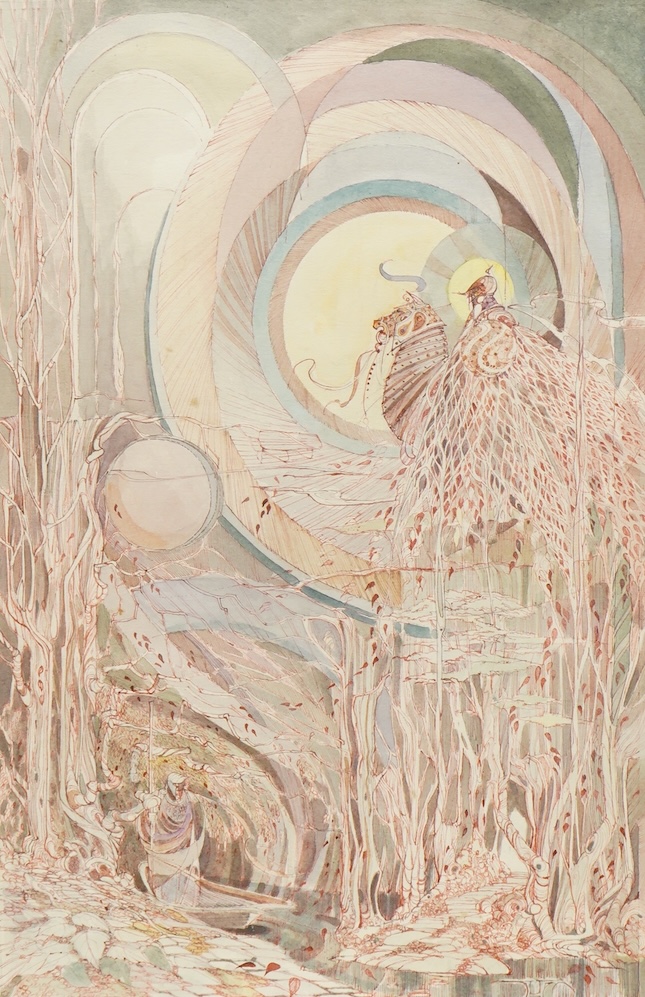 Hasting, surreal illustration with knight on horseback above a river, signed and dated ‘79, pen, ink and wash, 53 x 34cm